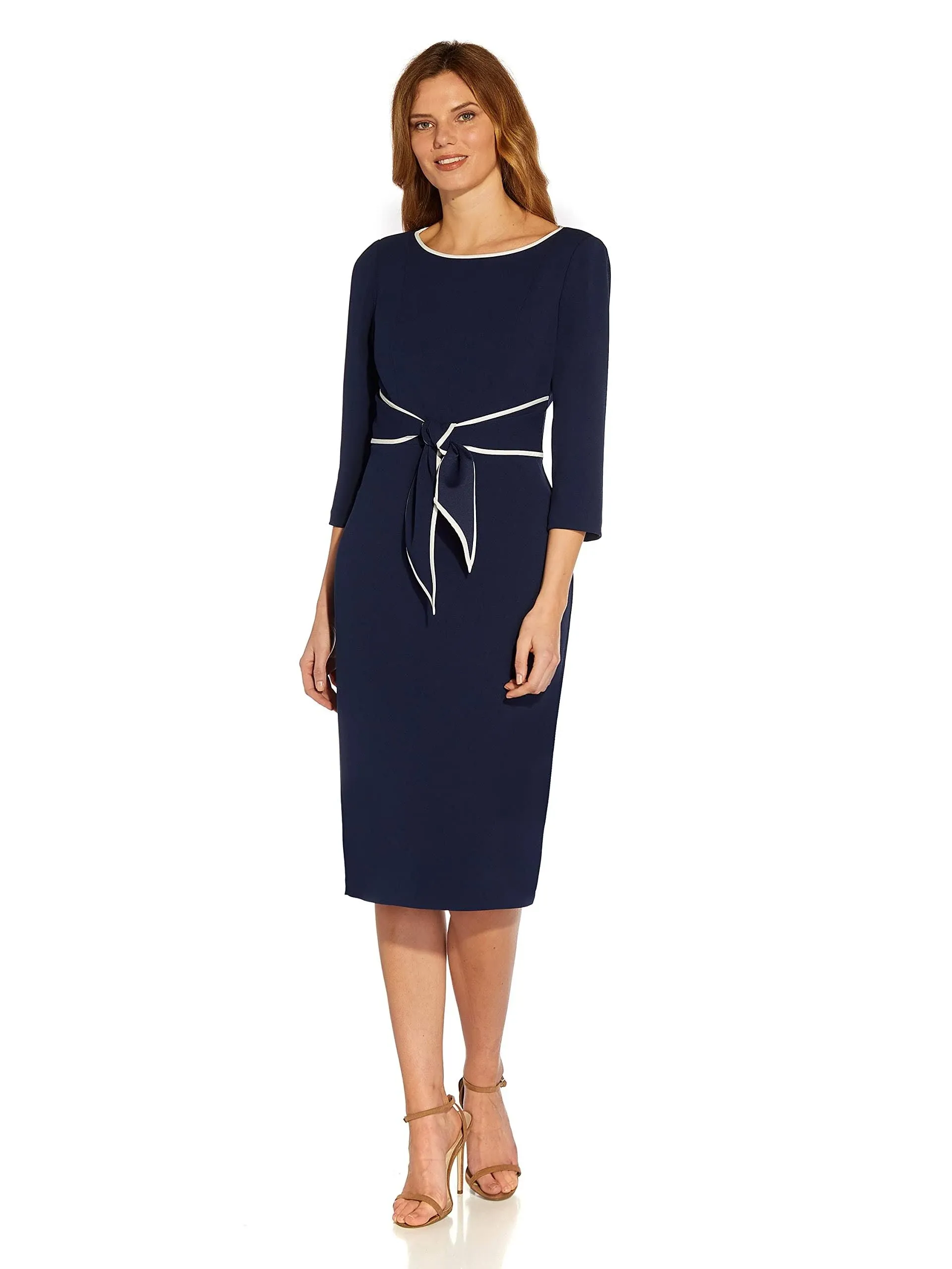 Adrianna Papell Knit Crepe Tie Dress, Navy Sateen Ivory, Size: 6