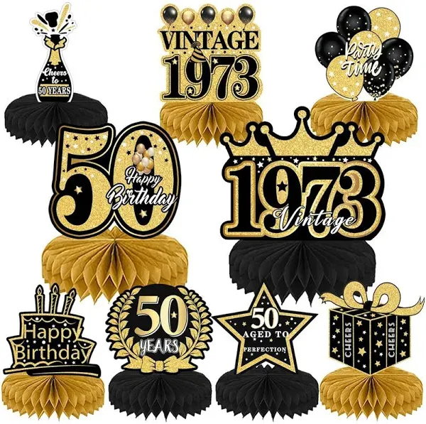 9pcs, 50th Birthday Decorations, Black Golden 50th Birthday Party Decorations For Men Women 1973 Vintage Table Decor, Supplies Honeycomb Centerpieces Happy * Birthday Decoration Decor