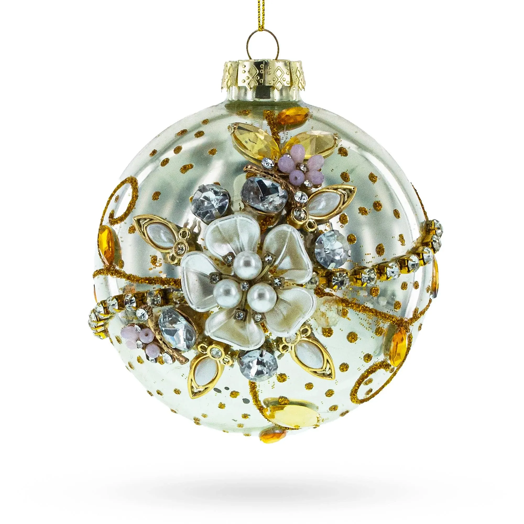 Glory Jewelry Jeweled Flowers Exquisite Blown Glass Ball Christmas Ornament