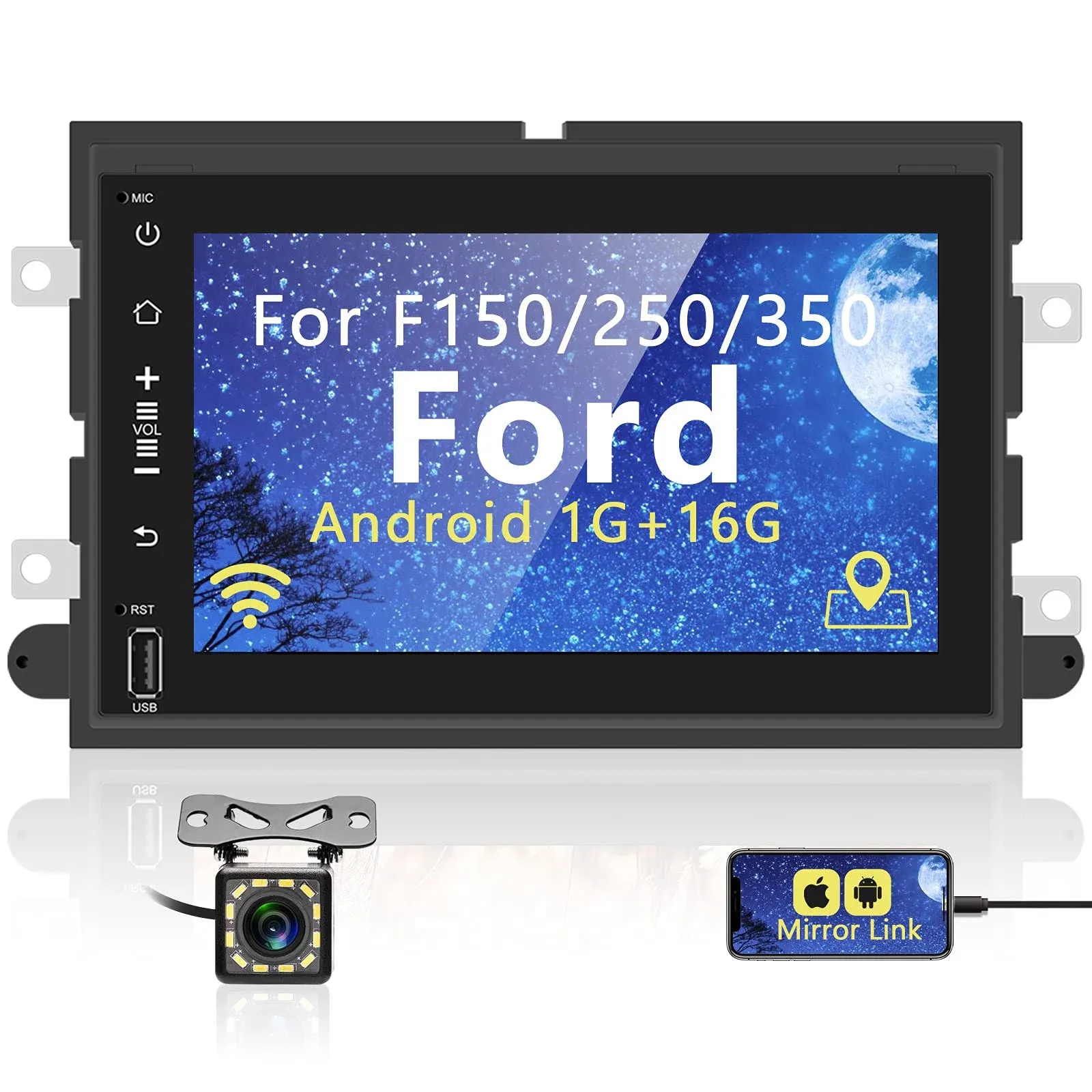 Android Car Stereo for Ford F150 F250 F350 Fusion Edge Explorer Taurus Freestar, 7” Touch Screen Double Din Radio with GPS Navigation Support Bluetooth FM SWC USB+Backup Camera