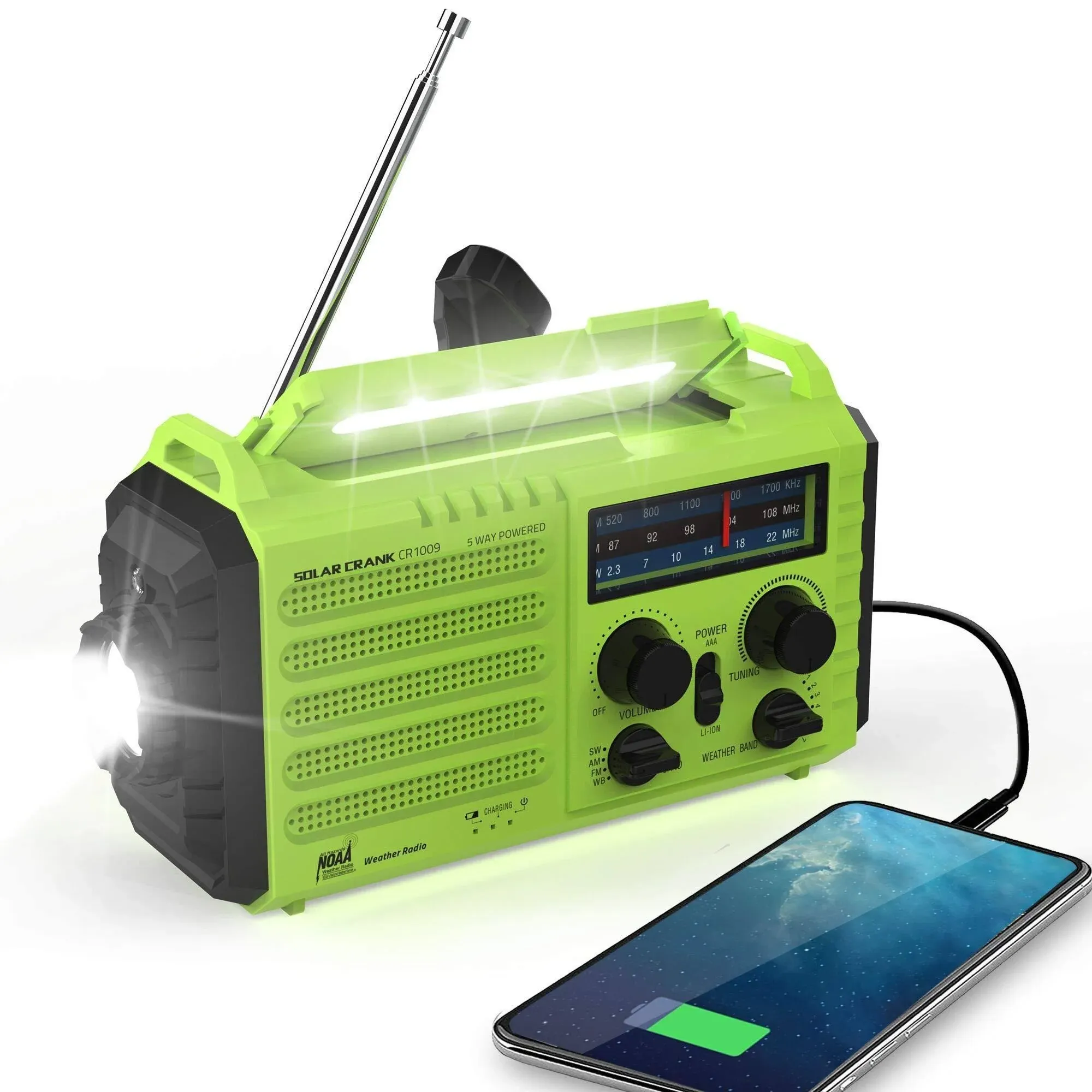 Emergency Radio Hand Crank Solar, AM/FM/SW NOAA Weather Radio, Portable Battery Operated Radio with Cell Phone Charger, 3W LED Flashlight & Reading Lamp, SOS for Home,Storm,Camping,Survival Green