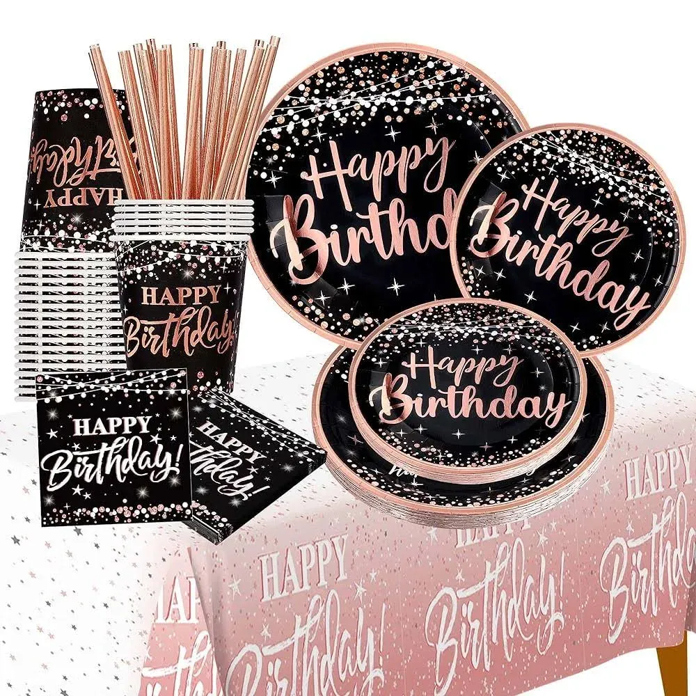 jenlion Happy Birthday Decorations Plates for Women - (TOTAL 121pcs) Rose Gold Plates and Napkins Party Supplies, Cups, Straws, Tableclo