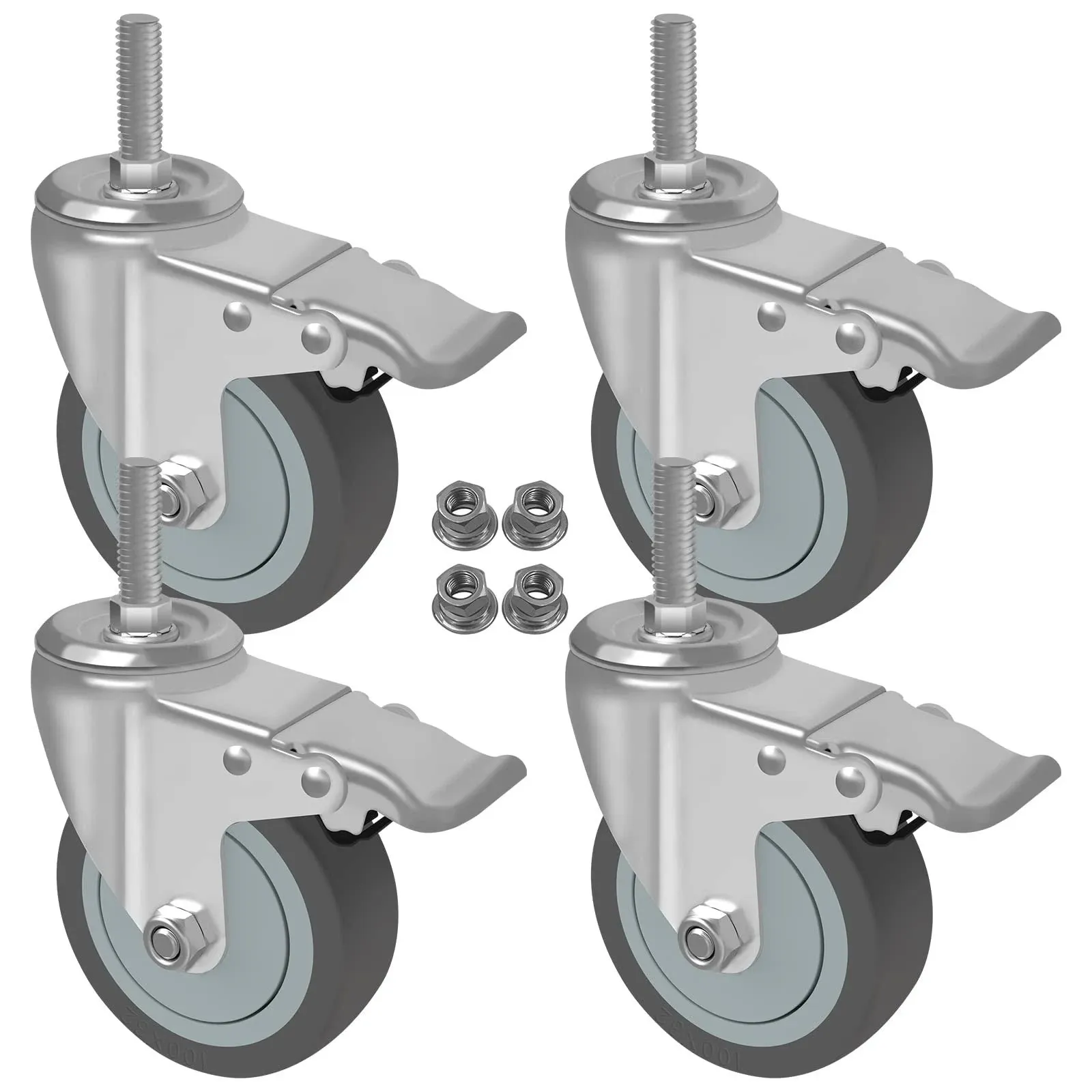 MySit 5 inch Locking Swivel Casters 1/2 inch-13 x 1.5 inch Threaded Stem Wheels with Brake Grey TPR Rubber Wheel Set of 4