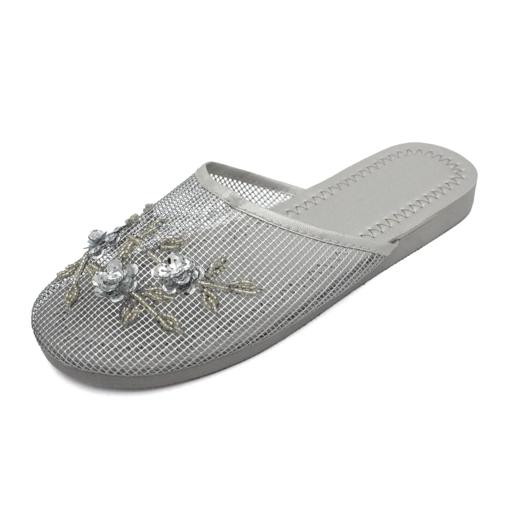 Womens Sequin Beaded Slides Chinese Mesh Floral Slippers Sparkle Sandals