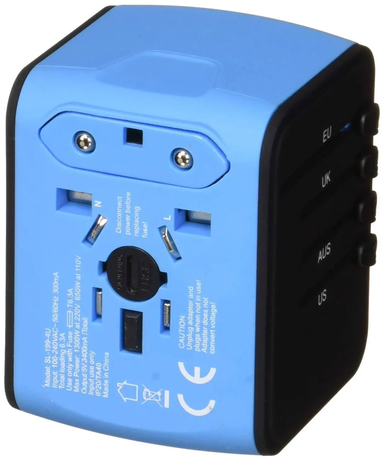 Unidapt Universal Travel Adapter, International Plug Adapter Fast 2,4A 4-USB European Power Plug, AC Wall Charger – Worldwide Outlet for Europe US USA UK EU AUS, Blue