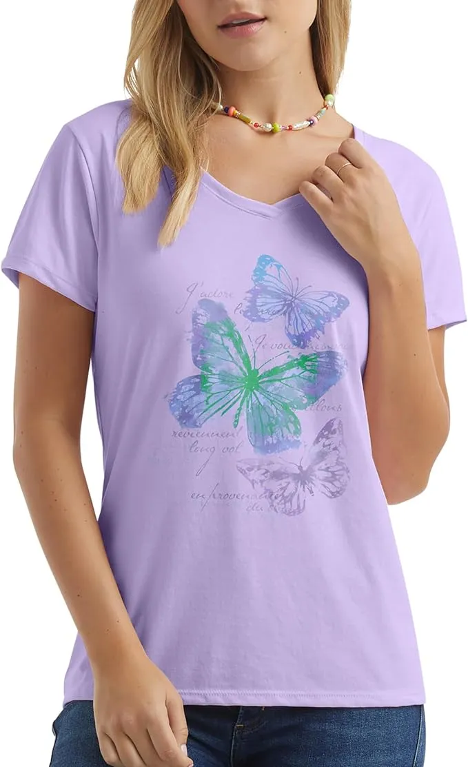 Hanes Women's Big Butterfly Impression Short Sleeve V-Neck Tee