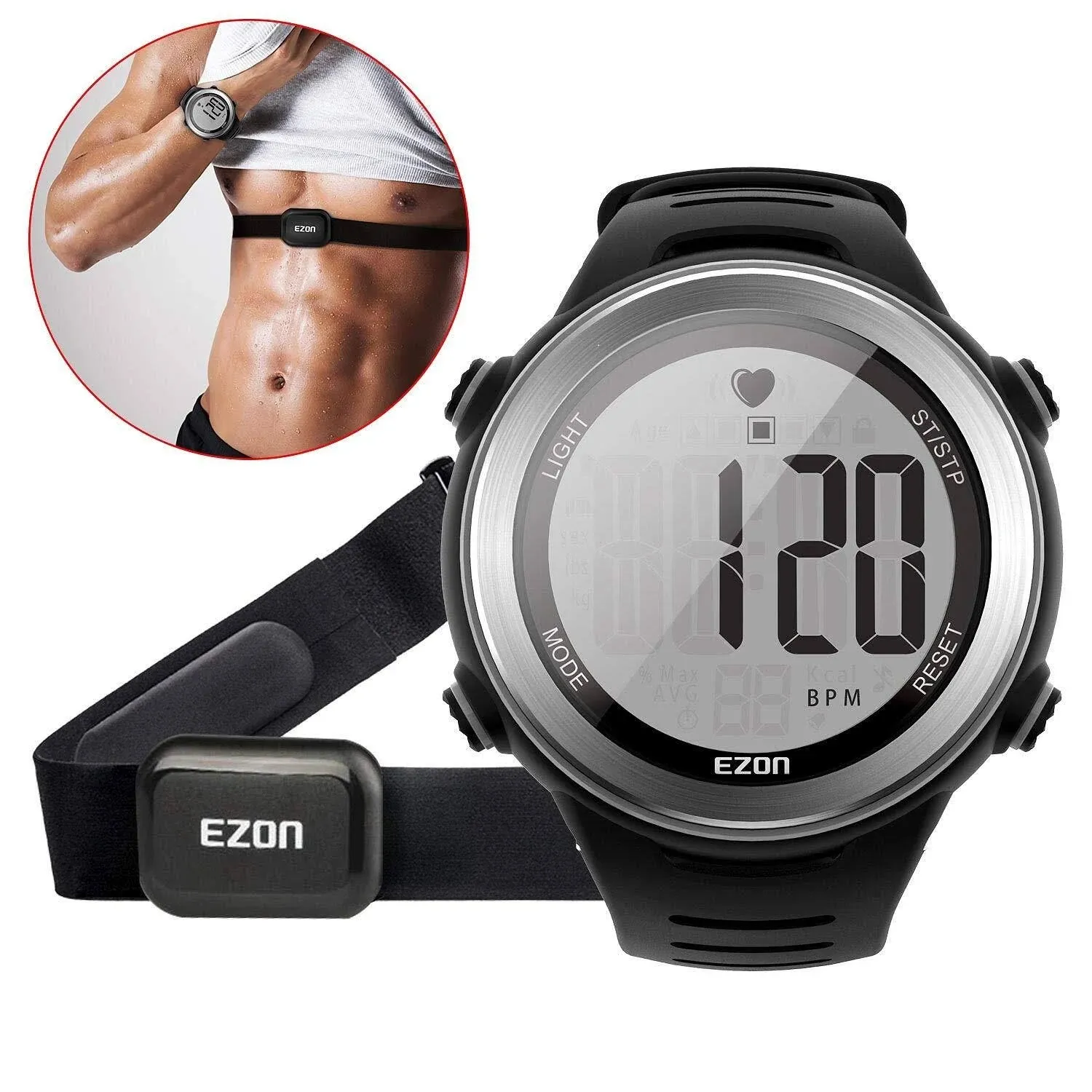 Ezon Heart Rate Monitor Sports Watch with HRM Chest Strap Waterproof Stopwatch ...