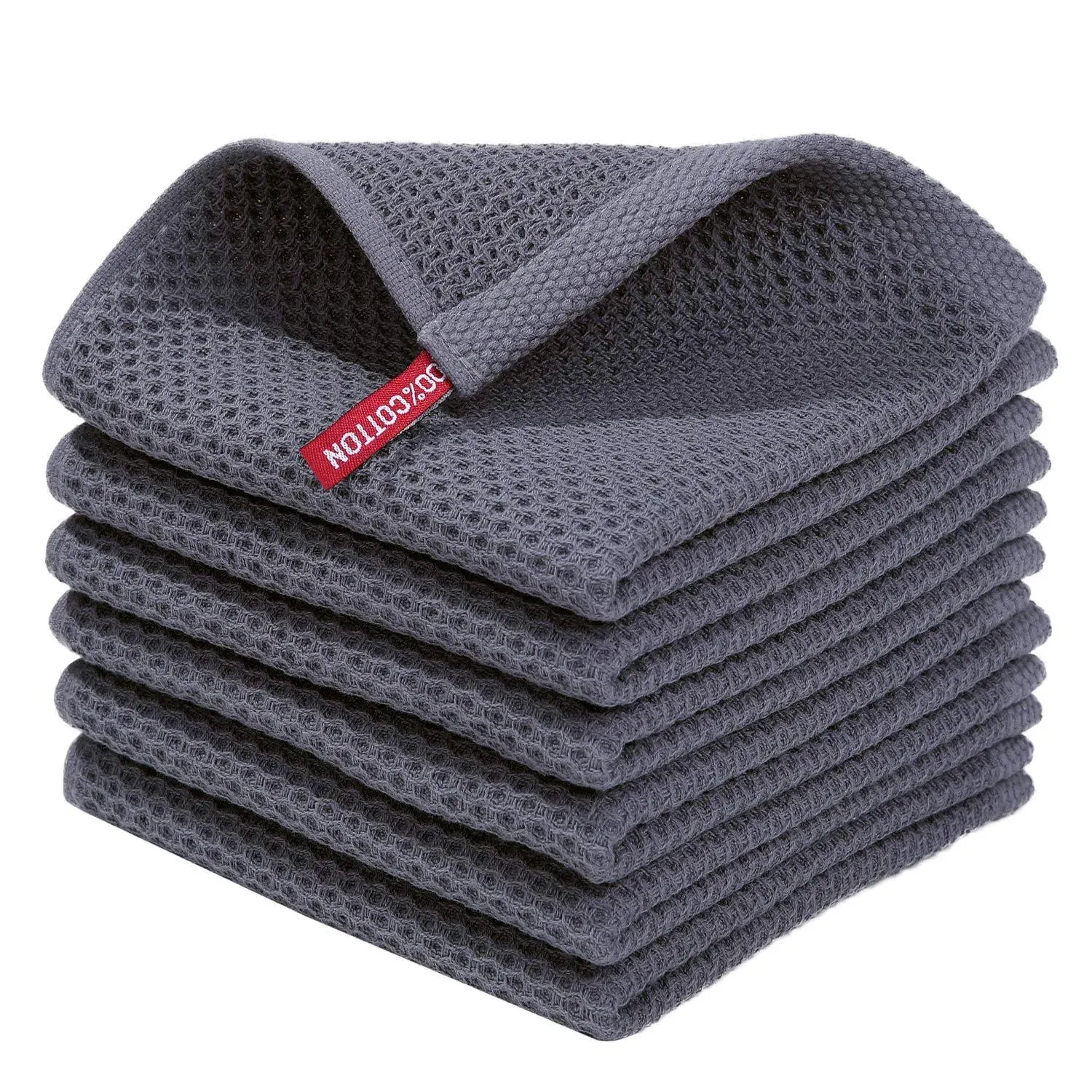  100% Cotton Waffle Weave Kitchen Dish Cloths, Ultra Dark Grey 12 x 12 - 6 Pack