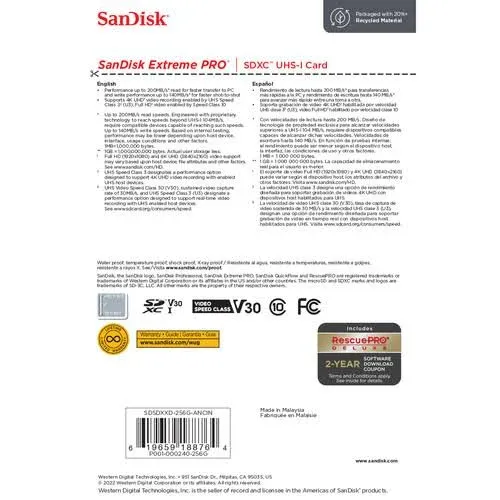 Tarjeta SanDisk SDSDXXD-256G-ANCIN Extreme PRO de 256GB SDXC Clase de Velocidad de Video V30 200 MB/s de Velocidad de Lectura 140 MB/s de Velocidad de