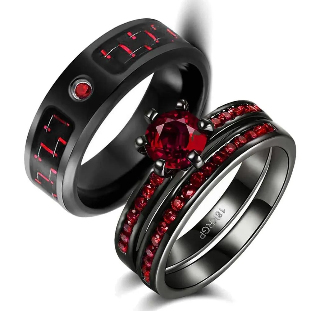 Matching Rings Couple Rings 1CT Red Cz Wedding Ring Sets Black Gold Female Ring