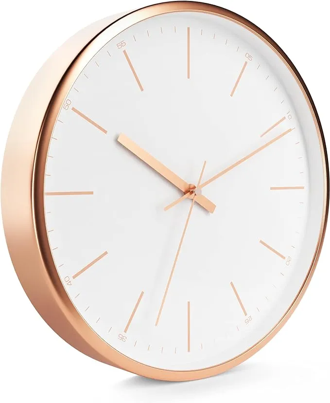 Driini Aluminum Modern Rose Gold Analog Wall Clock - Decorative Frame with White Face (12 inch) - Battery Operated, Silent, and Non-Ticking.