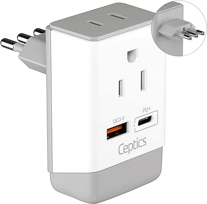 Ceptics US to Italy, Libya,S yria, Tunisia, Chile Travel Adapter-Type L AP-12