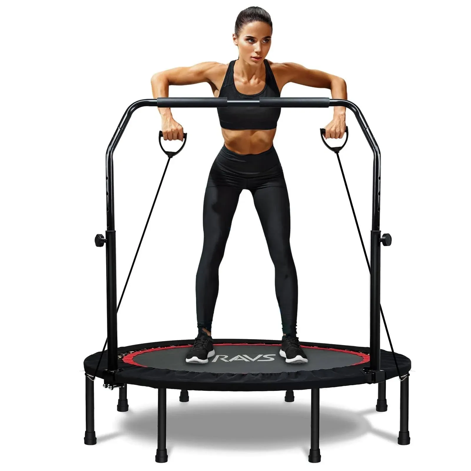 Ravs Mini Trampoline for Kids Adults 40" Foldable Fitness Rebounder Kids Trampoline with 5 Levels Height Adjustable Handle Resistance Bands Indoor