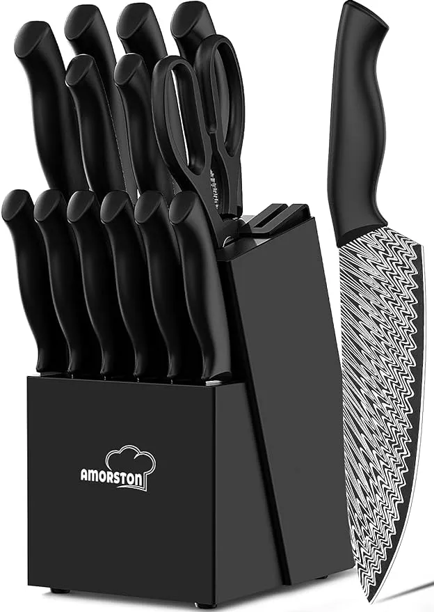 Amorston Knife Set, 15 Pieces Kitchen Knife Set with Built in Knife Sharpener Block, Dishwasher Safe, German Stainless Steel Knife Block Set