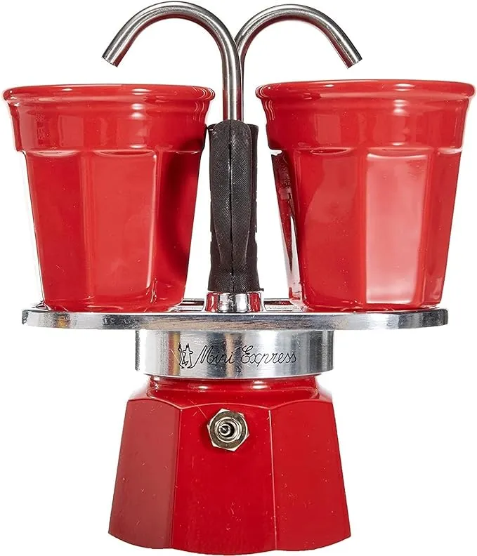 Bialetti - Mini Express Color: Moka Set includes Coffee Maker 2-Cup (2.8 Oz) + 2 shot glasses, Red, Aluminium