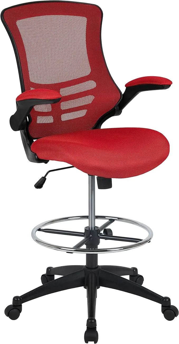 Flash Furniture Mid Back Mesh Ergonomic Drafting Chair with Adjustable Foot Ring and Flip Up Arms