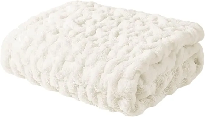 Madison Park Ruched Fur Luxury Throw Premium Soft Cozy Brushed Long Faux Fur For Bed, Couch or Sofa , 50x60" , Ivory