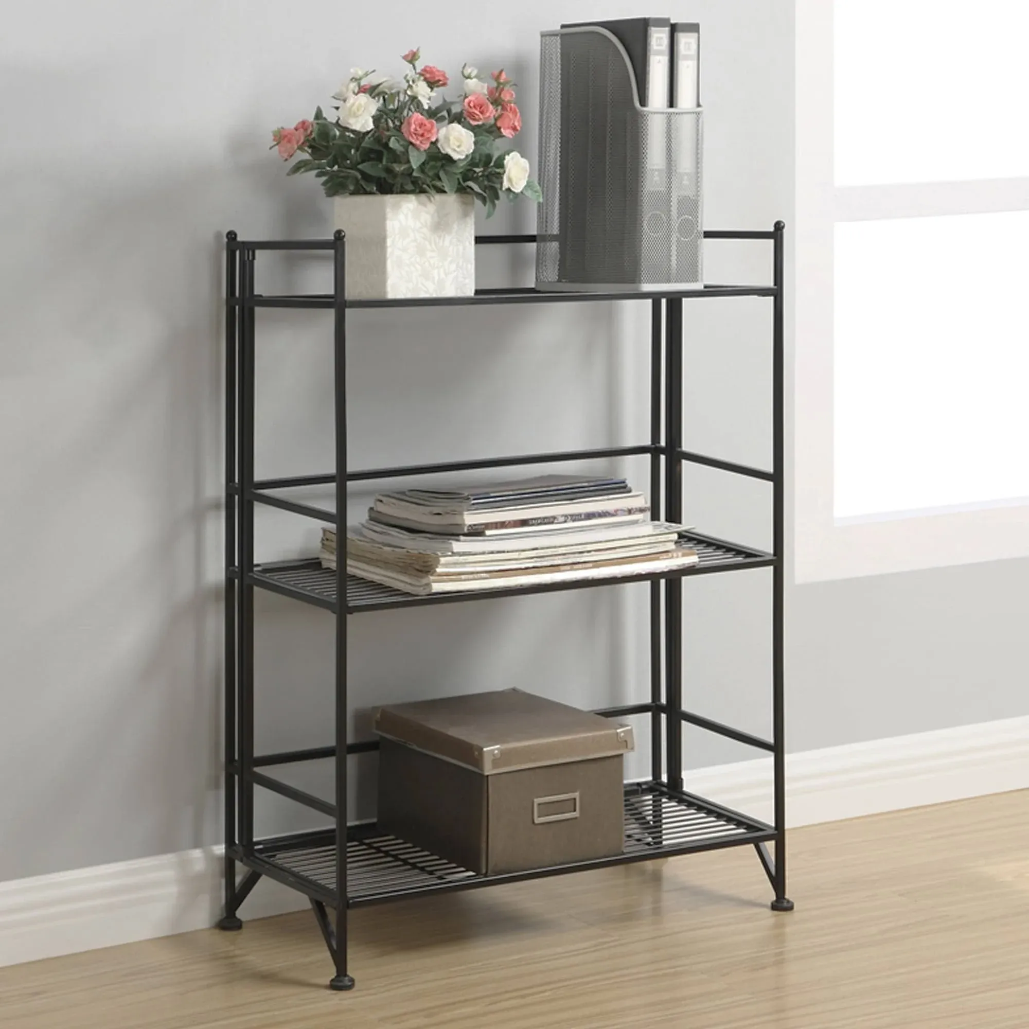 3 Tier Wide Folding Metal Shelf in Black Finish - Convenience Concepts 8019B