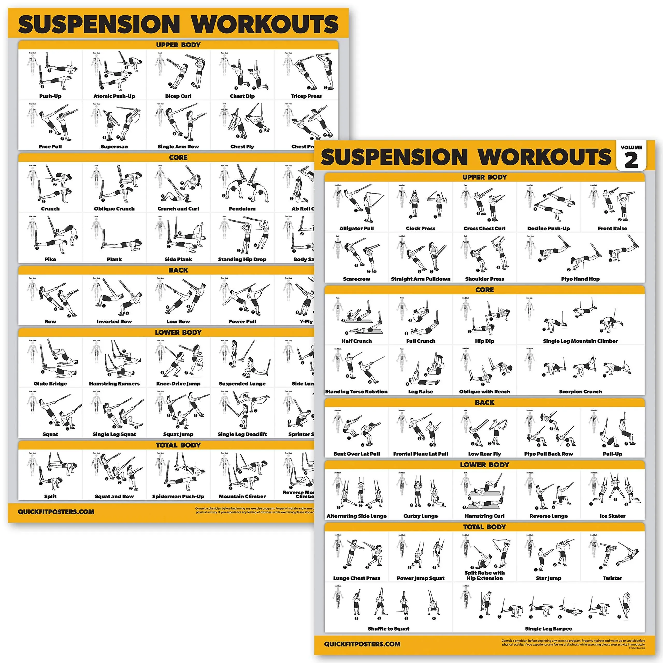 2 Pack Suspension Workout Posters - Volume 1 & 2 - LAMINATED Exercise Charts - 18" x 24" Vol. 1 & 2