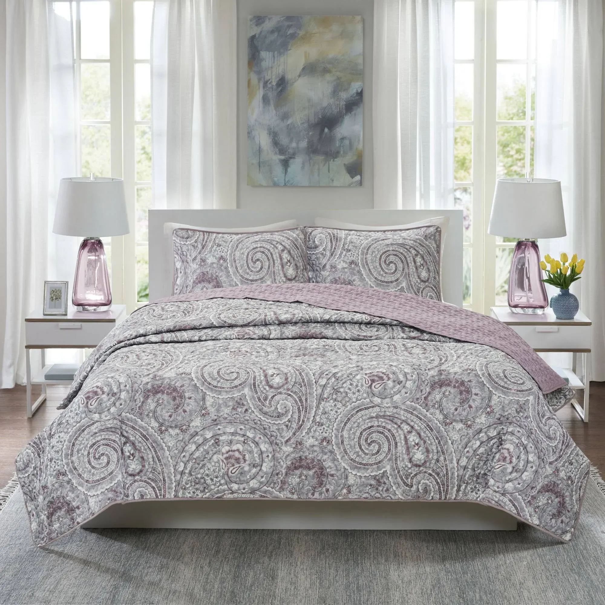 Comfort Spaces Quilt Set-Trendy Paisley Summer Cover, Cozy Coverlet Lightweight All Season Bedding Layer for Winter, Matching Shams, King/Cal King, Kashmir Paisley Purple