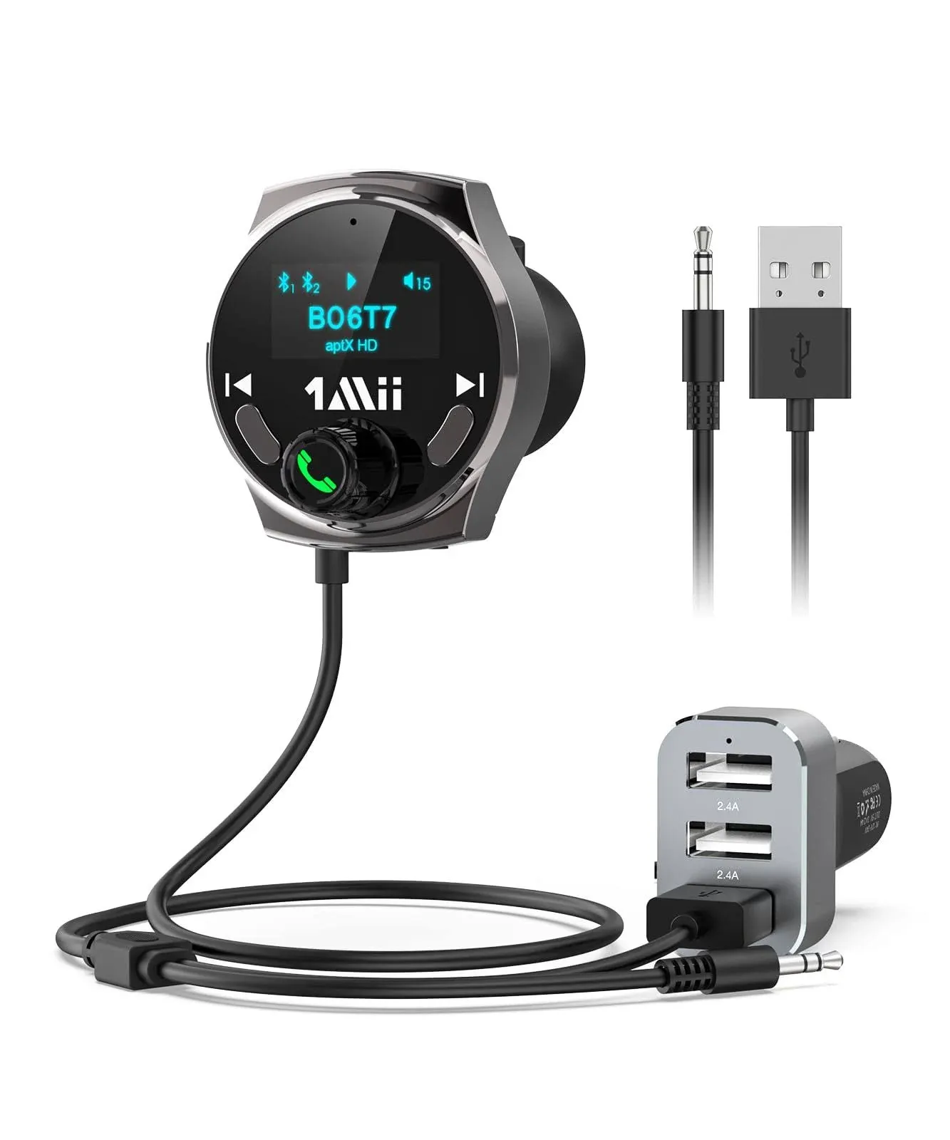 1mii B06T7 Bluetooth Car Adapter with USB Charger, aptX Provides Black 