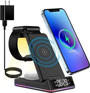 3 in 1 Wireless Charger Station Qi Fast Wireless Charging Dock with Clock and Night Light,Compatible with Apple Watch 7/6/5/4/3/2/SE & AirPods 3/2/Pro & iPhone 13/12/11/Samsung/More Qi Enabled Phones