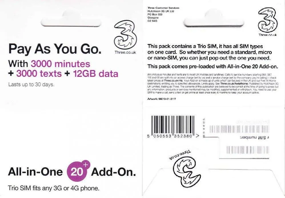 PrePaid Europe (UK THREE) sim card 12GB data+3000 minutes+3000 texts for 30 days with FREE ROAMING / USE in 71 destinations including all European countries