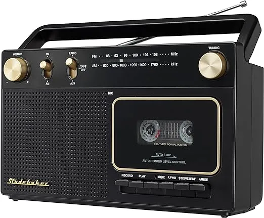 Studebaker Portable Retro Home Audio Stereo AM/FM Radio & Cassette Player/Recorder with Aux Input Jack & Built in Speakers (Gold)Studebaker Portable Retro Home Audio Stereo AM/FM Radio & Cassette Player/Recorder with Aux Input Jack & Built in Speakers (G