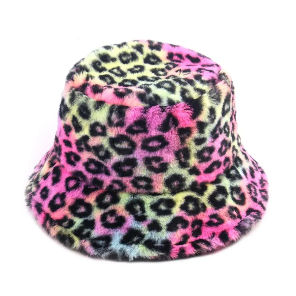 Women&#039;s Leopard Print Tie Dye Rainbow Faux Fur Bucket Hat One Size, 