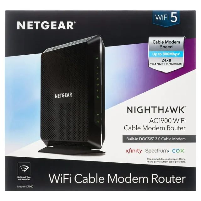 NETGEAR Nighthawk Modem Router Combo C7000-Compatible with Cable Providers Including Xfinity by Comcast, Spectrum, Cox,Plans Up to 600Mbps | AC1900 WiFi Speed | DOCSIS 3.0