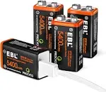 4-Pack EBL USB Rechargeable 9V LI-ion Batteries 5400mWh &amp; Micro USB Charge Cable