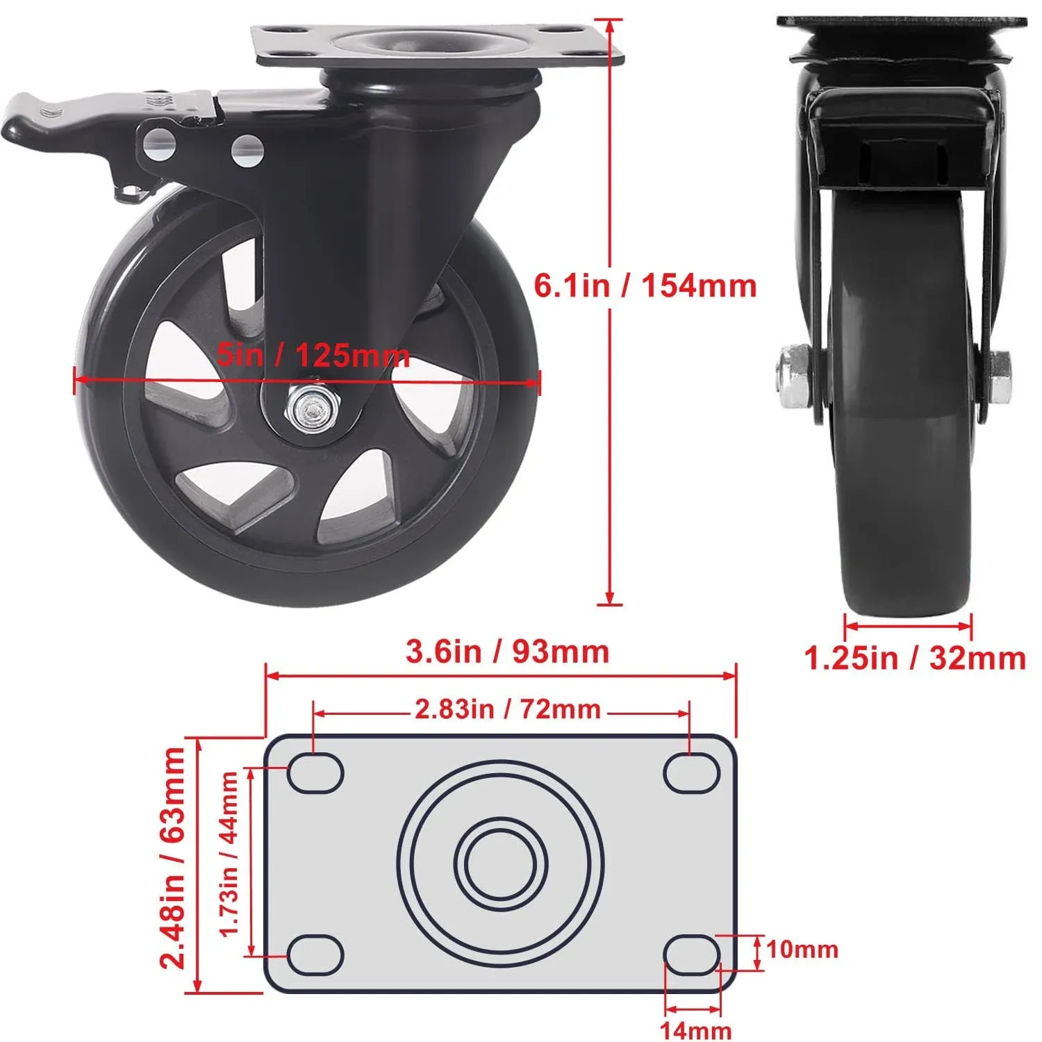 Wieyunn 5 inch Swivel Caster Wheels Set of 4, Heavy Duty Casters with BRAKE ...