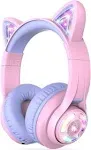 iClever Cat Ear Kids Bluetooth Headphones,LED Lights Up,74/85/94dB Volume Limited,50H Playtime,Bluetooth 5.2,AUX Cable,USB C,Kids Headphones Wireless Over Ear for Travel iPad Tablet, Meow Macaron-Pink