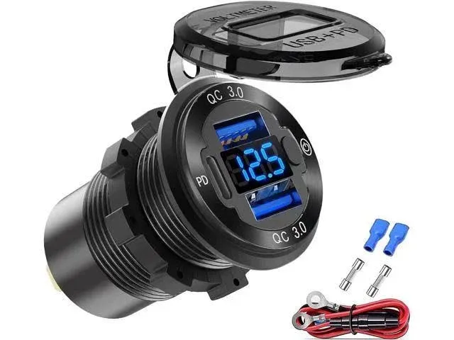 usbroway 12V USB Outlet Wire Aluminum Car Charger Multi Port, Dual USB Quick Charge 3.0 Port and PD USB C Socket with Voltmeter Switch for Car Boat Marine Truc