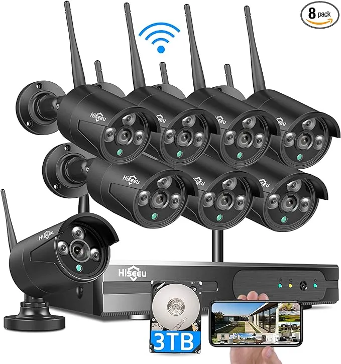 Hiseeu Black Wireless Security Camera System, 10CH 4K NVR 8Pcs Outdoor/Indoor WiFi Surveillance Camera 5MP with Night Vision, Waterproof, Motion, 1-Way Audio, Remote Access, 3TB HDD, DC12V Power Cord