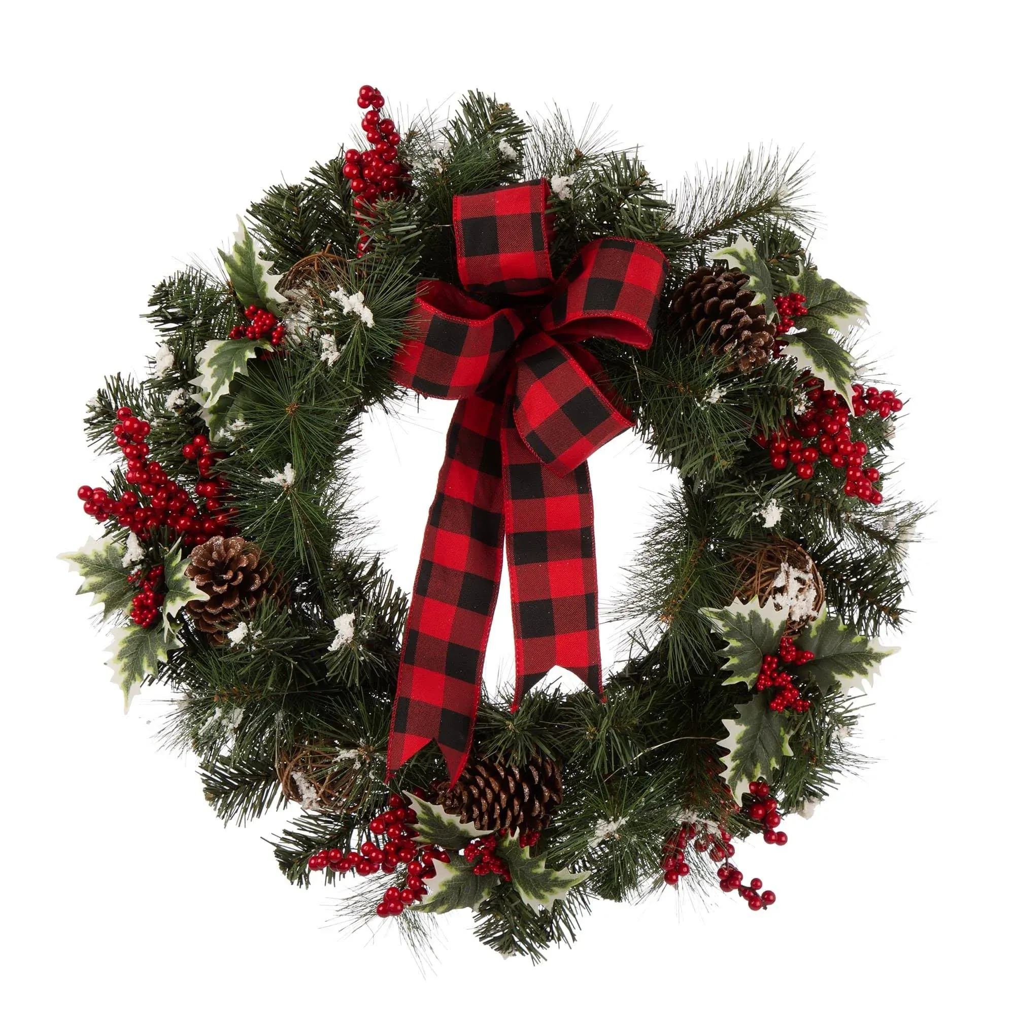 Glitzhome 24" LED Greenery Twig Ball Pinecones Holly Pine Wreath with Timer