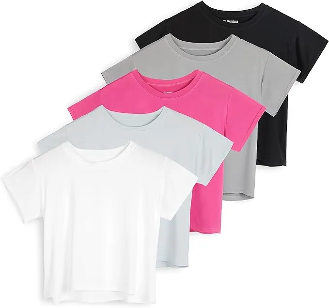 Real Essentials 5 Pack: Women's Dry Fit Crop Top - Short Sleeve Crew Neck Stretch Athletic Tee (Available in Plus Size)