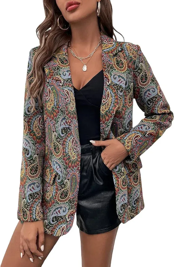 WDIRARA Women's Floral Print Lapel Neck Single Button Lightweight Jacket Blazer with Pocket