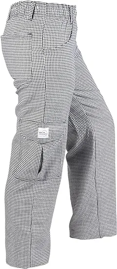 Genesis Womens Cargo Pants, elastic waist, belt loops, (6) pockets (leg pockets with Velcro flaps), finished cuffs, 65/35 yarn-dyed poly/cotton, black and white hounds tooth, small