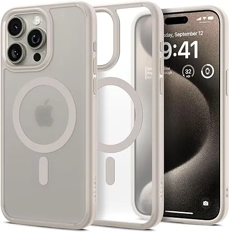 Spigen Ultra Hybrid MagFit Case for iPhone 15 Pro Max, Compatible with MagSafe Accessories - Frost Natural Titanium