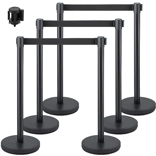 VEVOR Crowd Control Stanchion, Set of 6 Pieces Stanchion Set, Stanchion Set with 6.6 ft/2 M Black Retractable Belt, Black Crowd