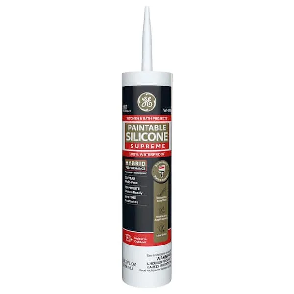 GE Paintable Supreme Silicone Caulk 9.5 oz Kitchen and Bath Sealant White