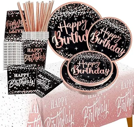 happy birthday decorations plates for women - (Total 121pcs) rose gold plates and napkins party supplies, Cups, Straws, tablecloth, Disposable Tableware for 24 Guests