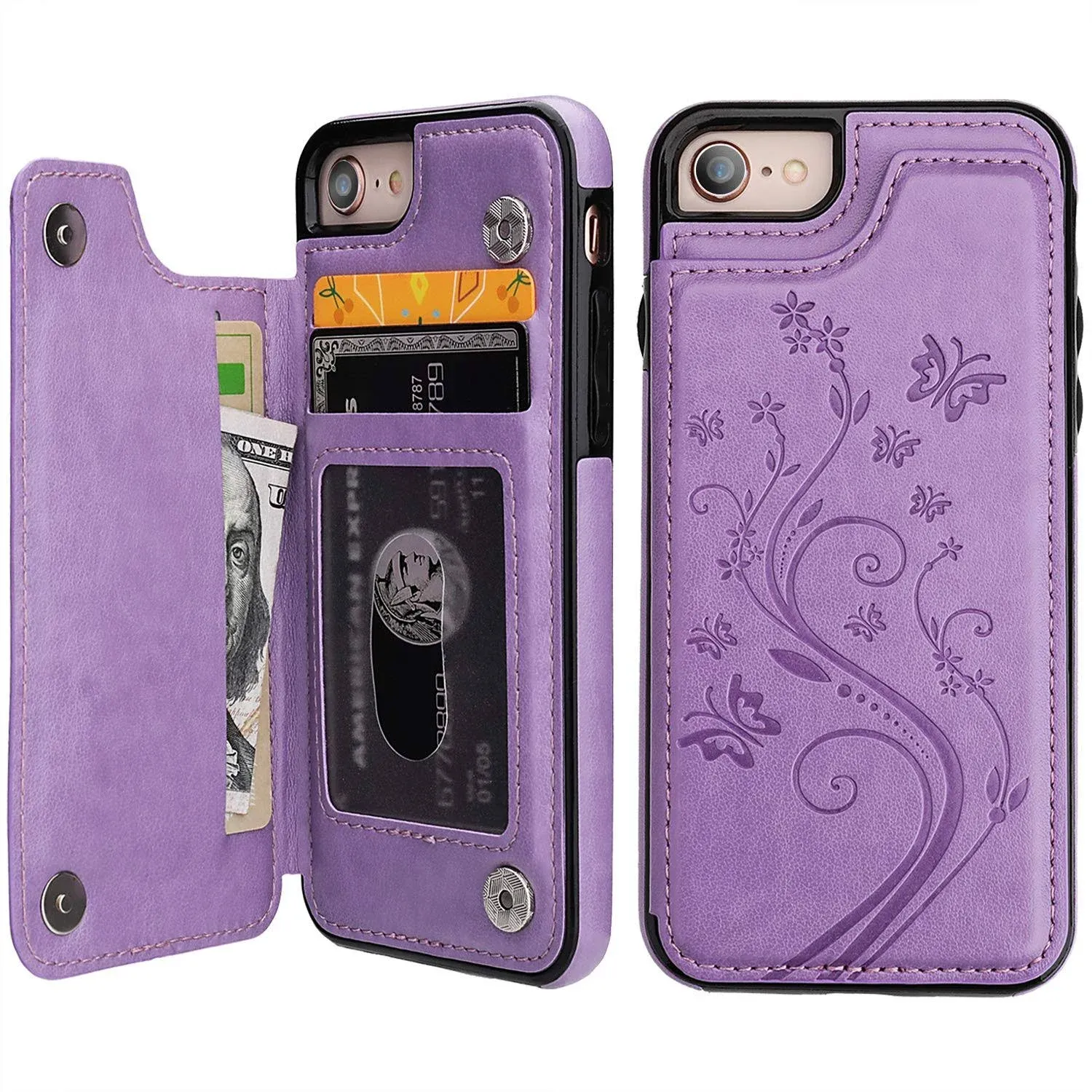 iPhone 7 iPhone 8 iPhone SE 2020 Case Wallet with Card Holder, Vaburs Embossed Butterfly Premium PU Leather Double Magnetic Buttons Flip Shockproof