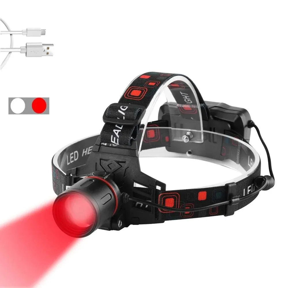 Rechargeable Headlamp with Red and White Light, Tactical Hunting Headlamps Red LED Headlight Zoomable Red Light Head Torch for Hunting, Night Vision, Astronomy, Camping(White & Red LEDs)