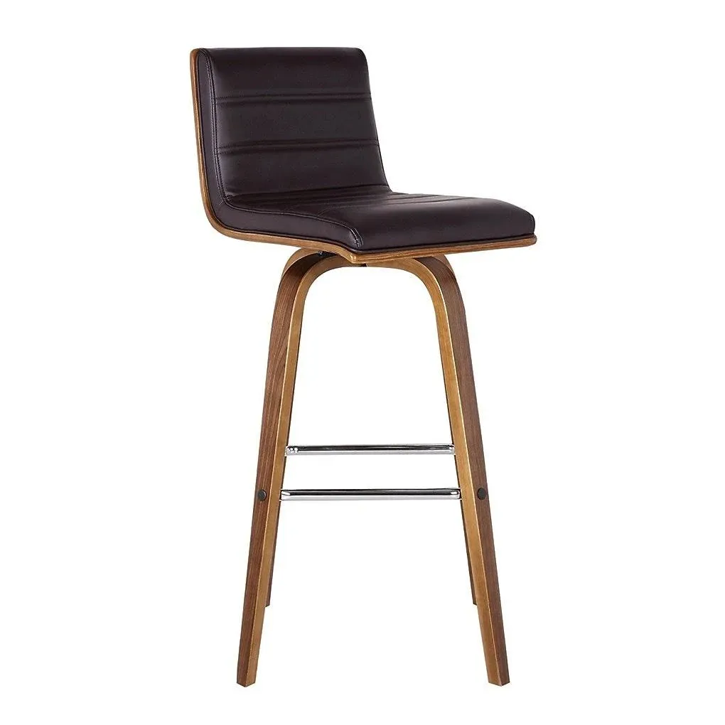 Vienna 26" Swivel Bar Stool - Brown Faux Leather & Walnut Veneer, Chrome by Armen Living