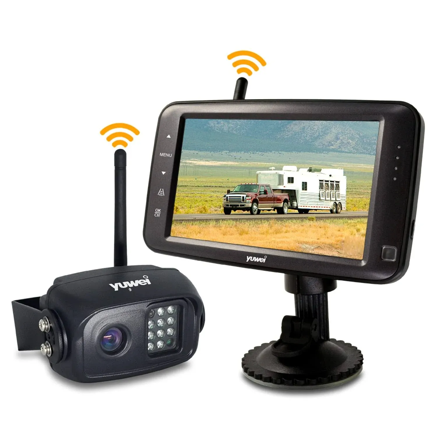 Wireless backup camera with 5 inch split screen, Ip69k waterproof wireless rear view camera with night vision, Support add 2nd wireless reversing camera for Trailer, Rv, Trucks, Motorhome, etc