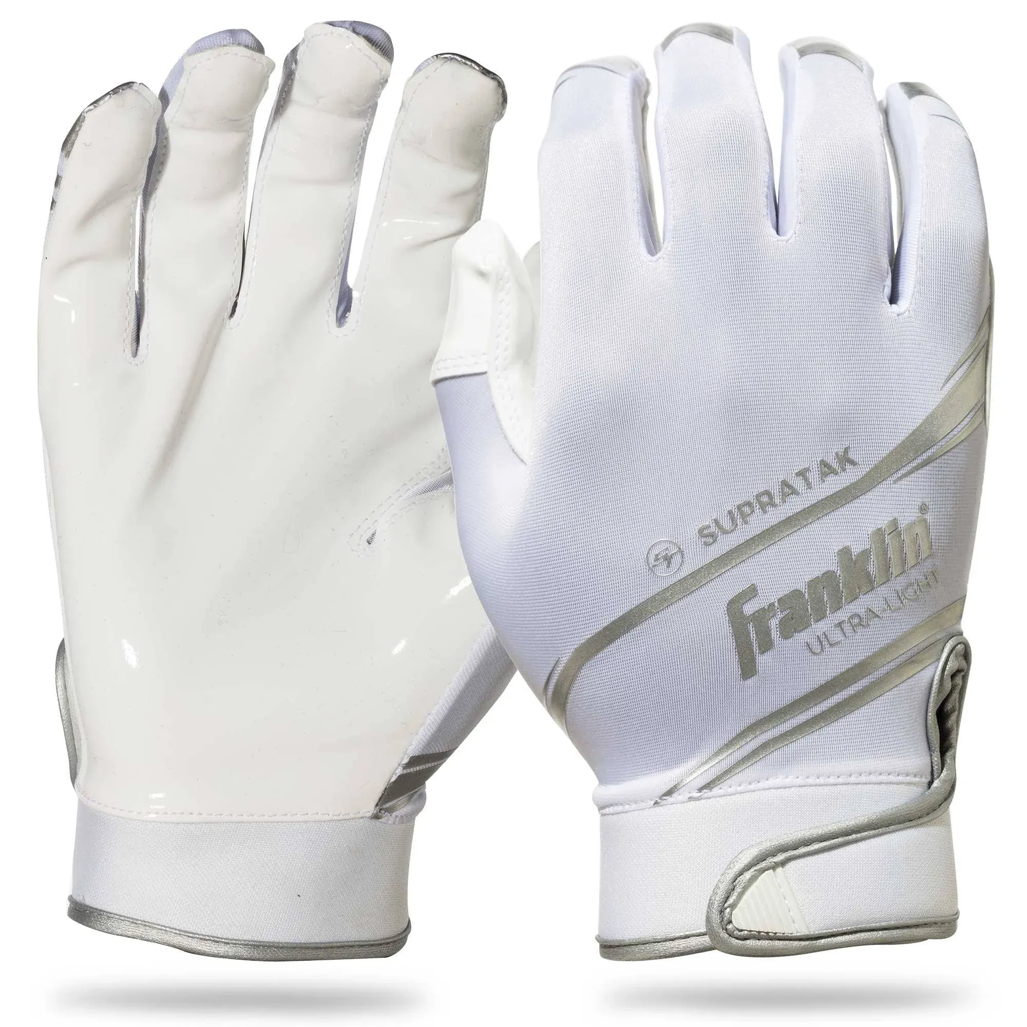 Franklin Sports Supratak Football Receiver Gloves - White/Chrome - Adult Large