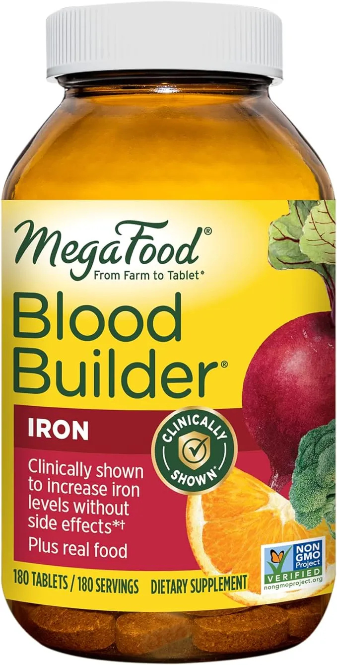 MegaFood Blood Builder - Iron Supplement Clinically Shown to Increase Iron Levels without Side Effects - Energy Support with Iron, Vitamins C and B12, and Folic Acid - Vegan - 180 Tabs