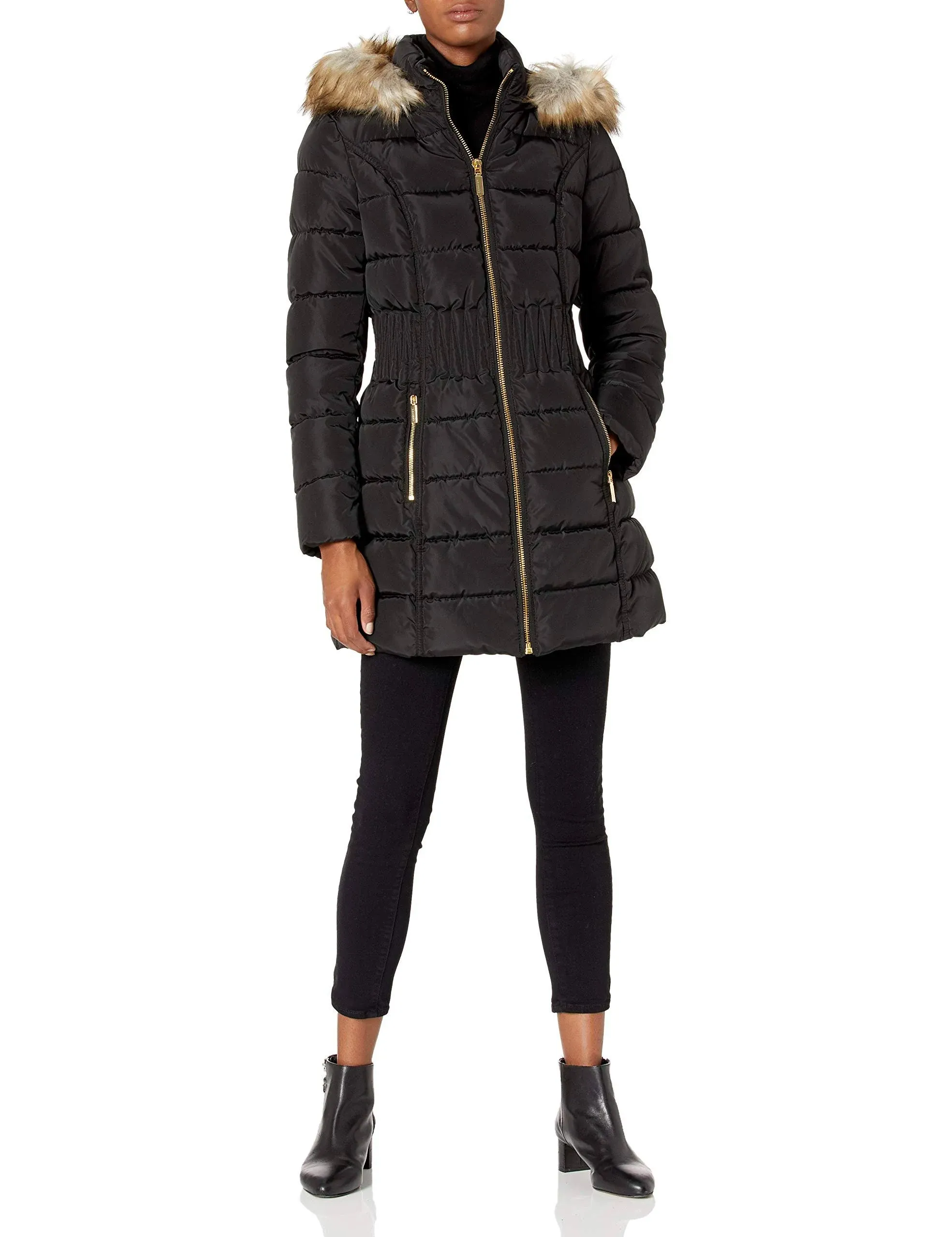 Laundry by Shelli Segal Women's 3/4 Puffer Jacket with Zig Zag Cinched Waist and Faux Fur Trim Hood